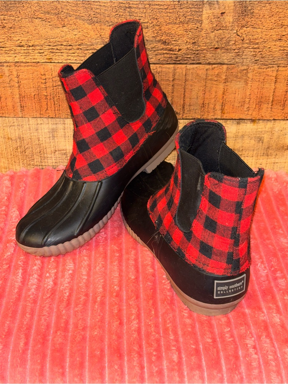 Simply Southern Collection Red Black Buffalo Plaid Duck Boots